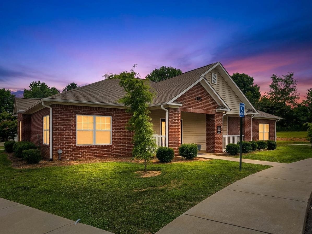 Front elevation, twilight.