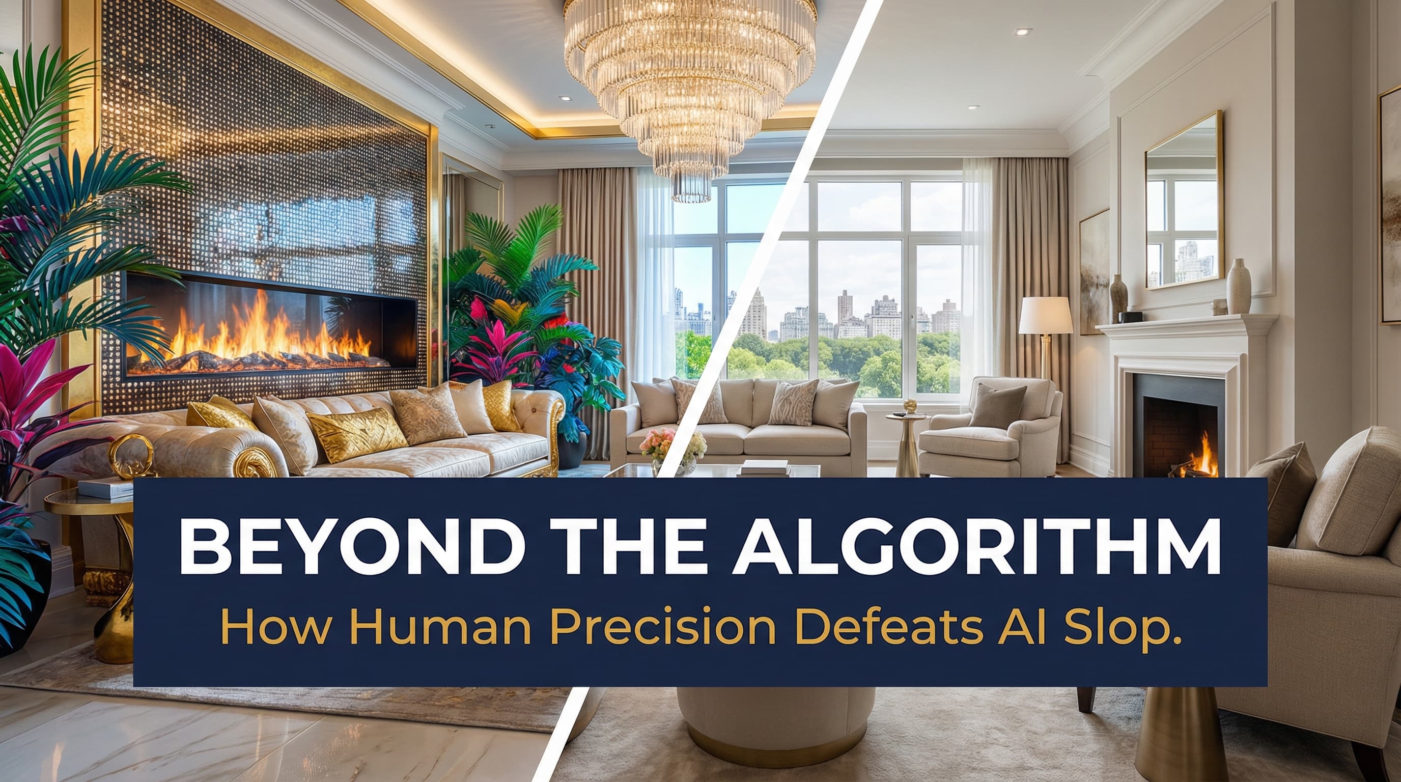 Side-by-side comparison of AI-generated slop versus human-refined real estate imagery showing the difference in quality and accuracy