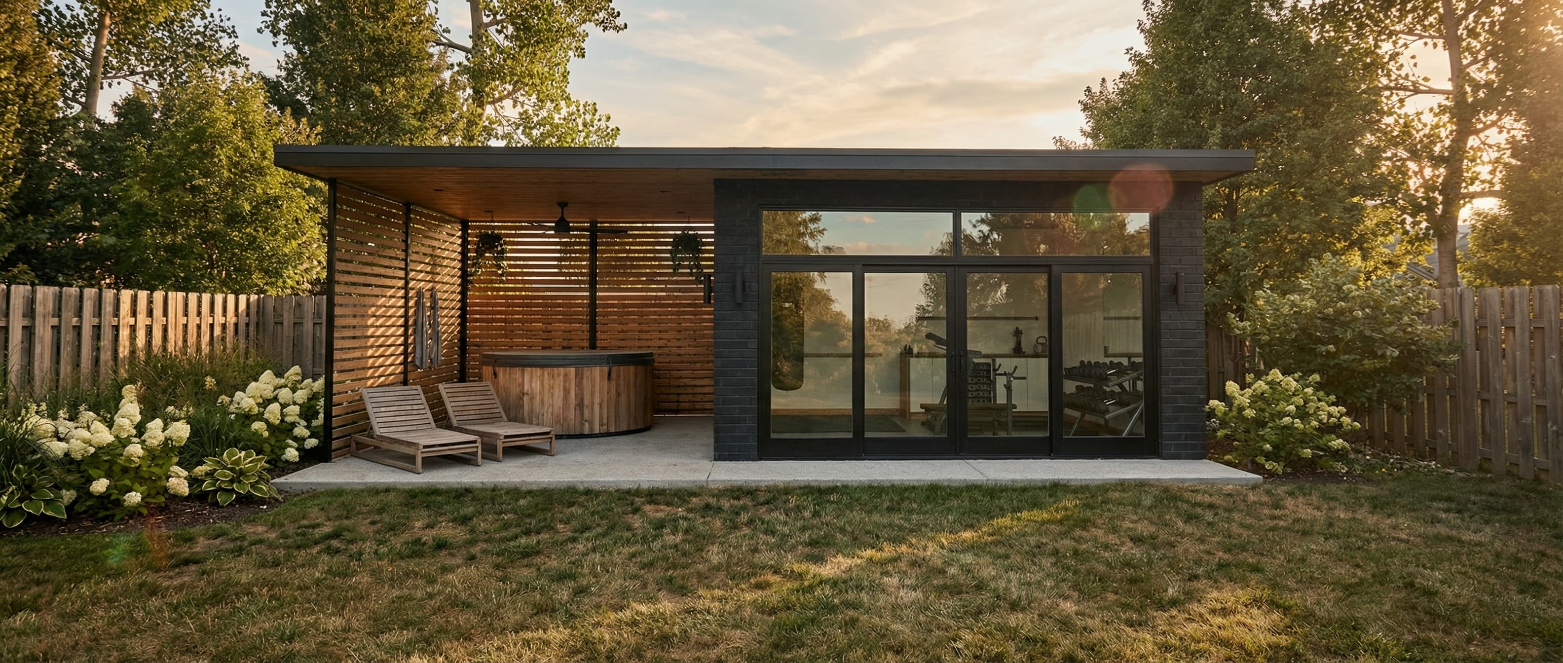 Modern pool house and gym, after
